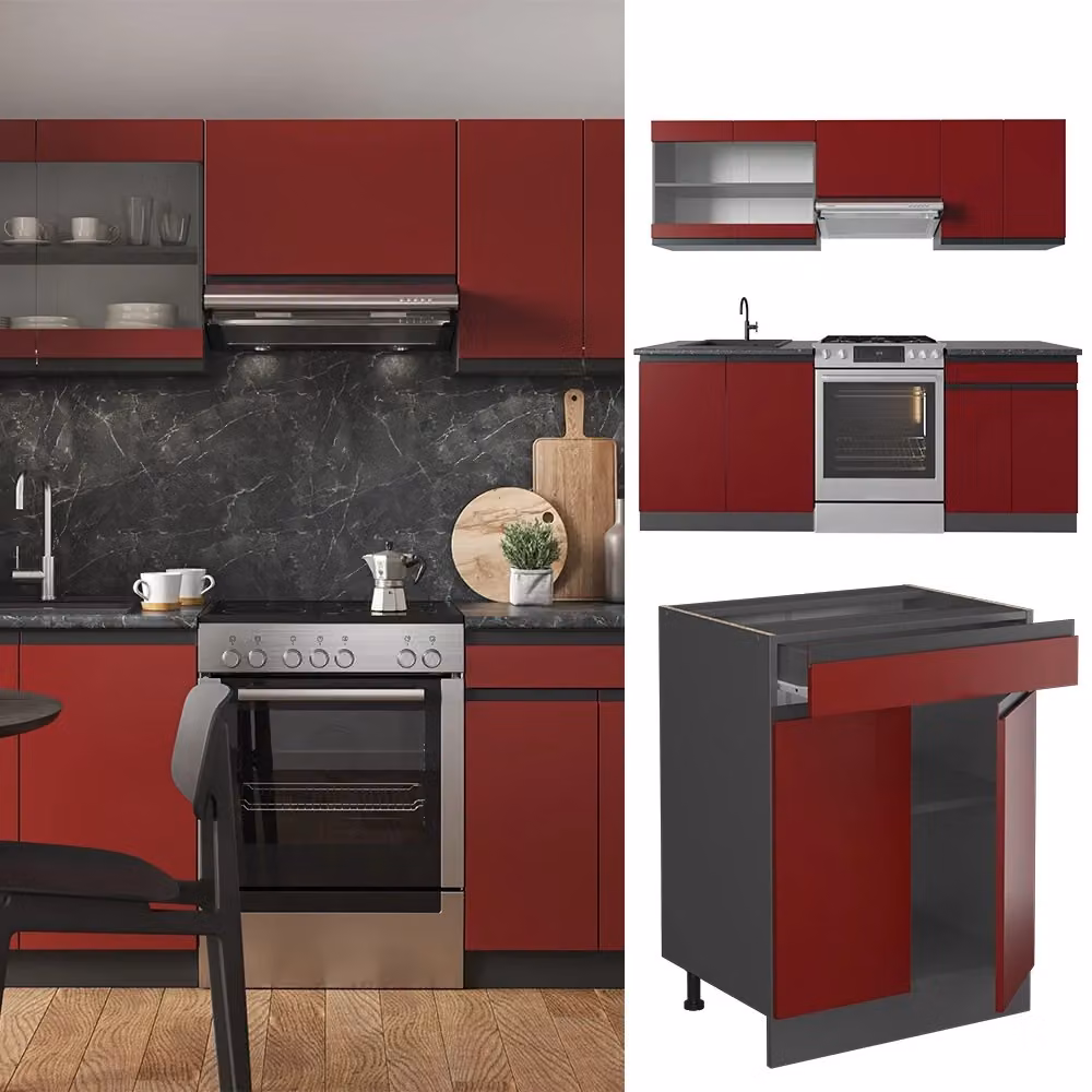 Cucina componibile moderna Vicco R-Line J-Shape in legno Rosso e Antracite con piano effetto marmo, L: 200 cm – 2