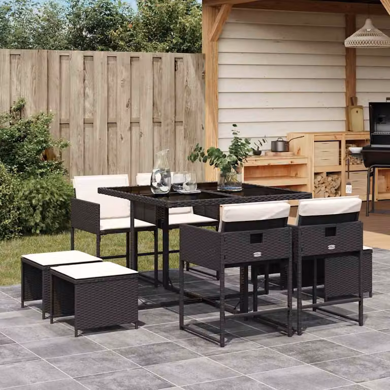 vidaXL Set da Pranzo da Giardino 9 pz in Polyrattan Nero con Cuscini e Tavolo in Vetro