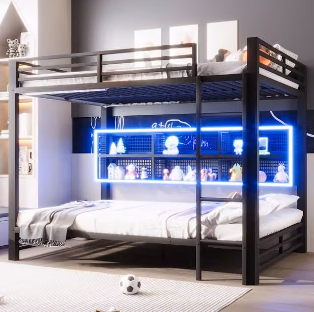 Letto a castello in metallo 140x200 cm con 6 armadietti e illuminazione LED; nero