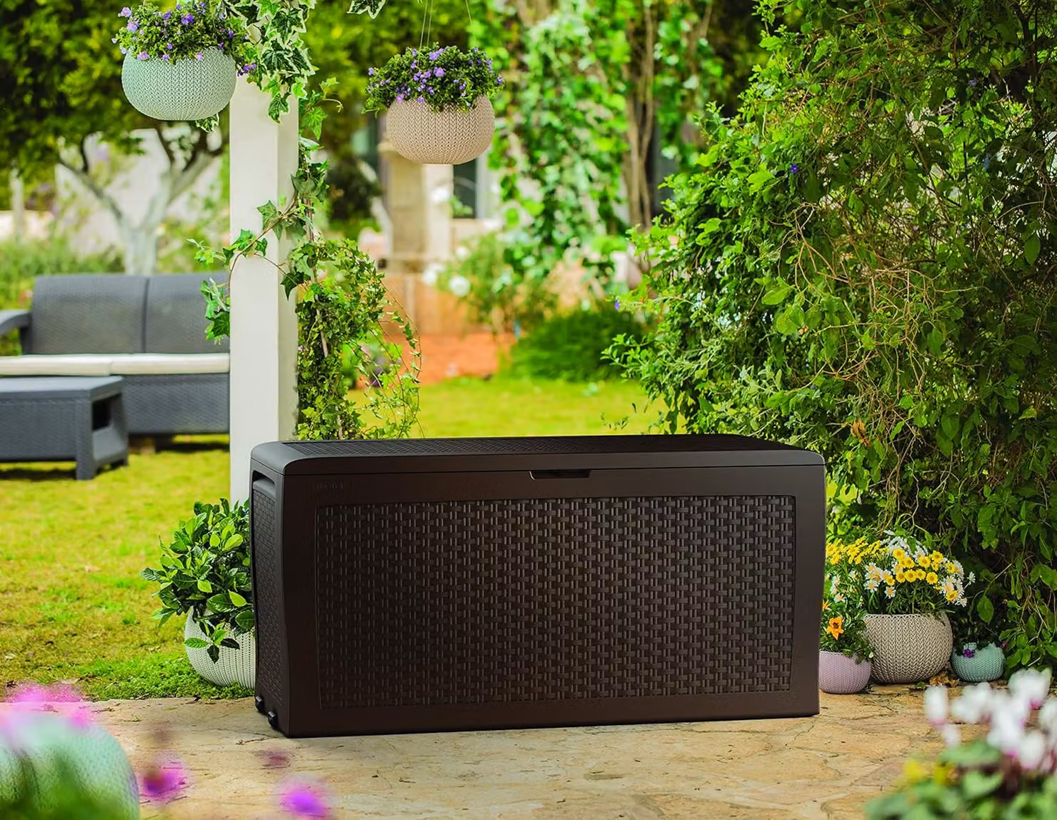 Baule da giardino Keter Samoa Marrone con effetto rattan, capacità 270L, L: 116,4 cm, P: 44,7 cm, H: 57 cm – 3