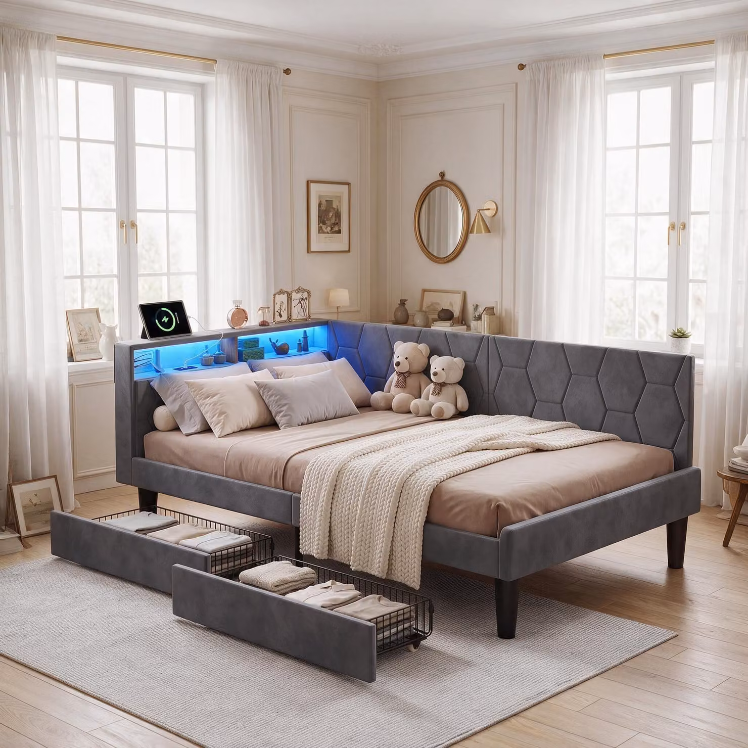 Letto imbottito INONEFT, divano letto 90x200 cm con LED e USB, letti singoli con testiera, spazio contenitivo e 2 cassetti, letto per ragazzi con rete a doghe, tessuto velluto grigio