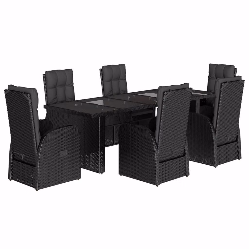 Set da Pranzo da Giardino 7 pz Nero con Cuscini in Polyrattan