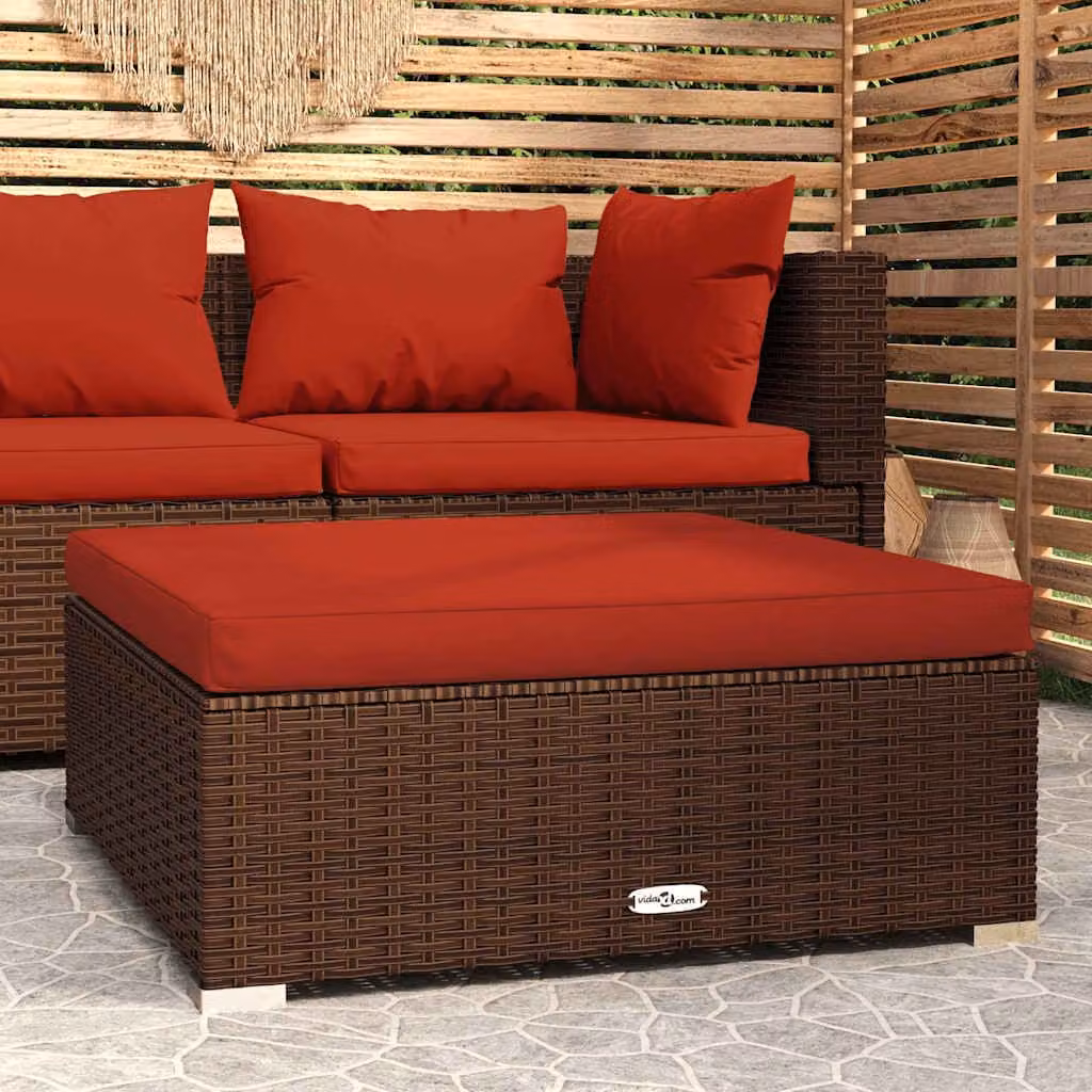 vidaXL Poggiapiedi da Giardino in Polyrattan con Cuscino Marrone L: 70 cm, P: 70 cm, H: 30 cm