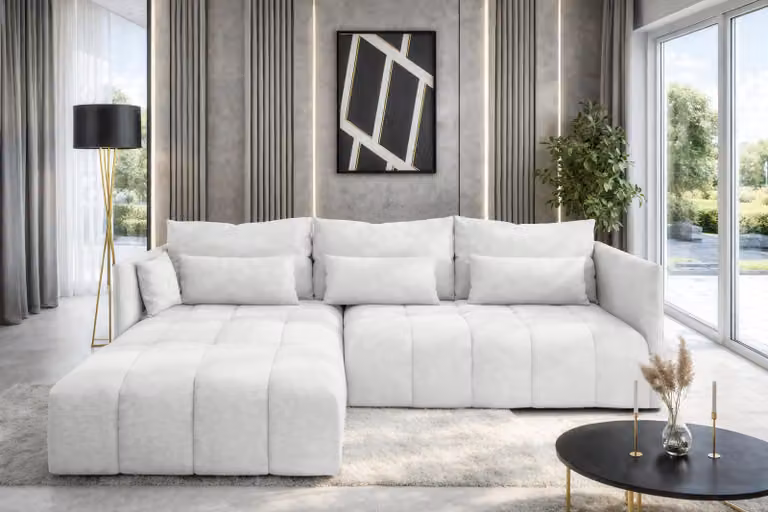 AX LIVING Divano ad angolo bianco con funzione letto e contenitore Cosmova 248 cm