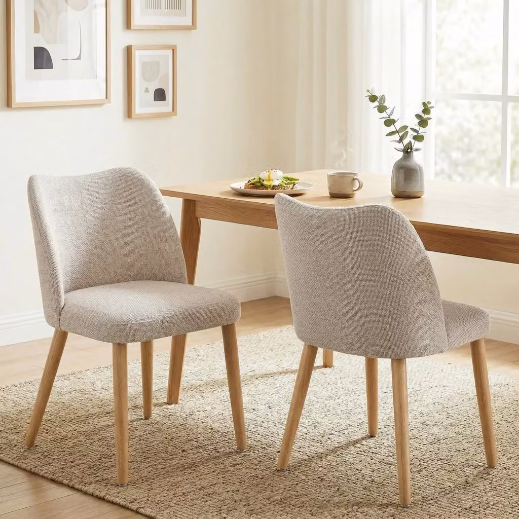 Set di 2 Sedie da Pranzo GIORDANOSHOP con Seduta Imbottita e Schienale Curvo in Tessuto Effetto Lino e Legno di Caucciù, Colore Beige/Bianco, L/P/H: 46 x 52 x 76 cm – 2