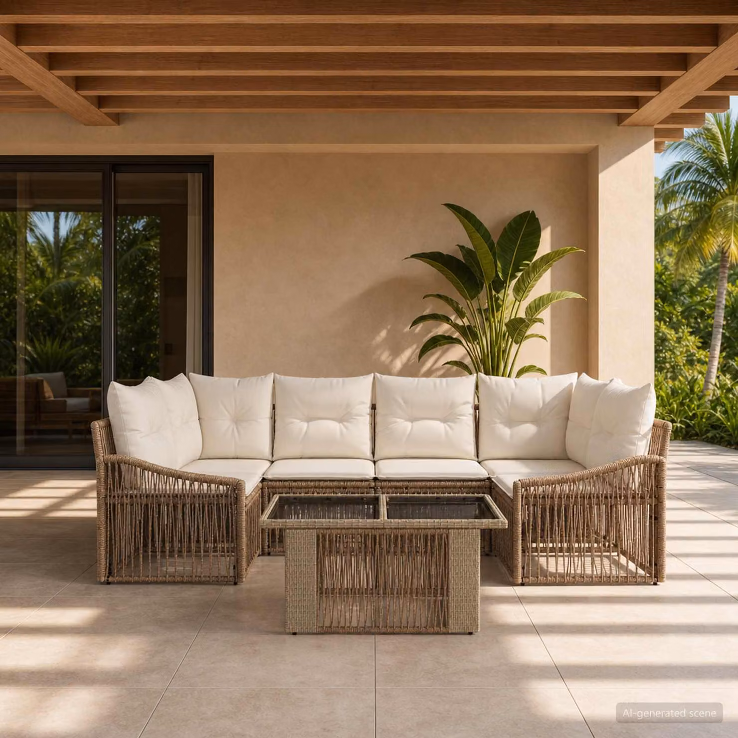 Set Divano da Giardino vidaXL 7 Pezzi a Forma di L con Tavolino, Polyrattan e Cuscini Imbottiti, Colore Beige e Bianco Crema
