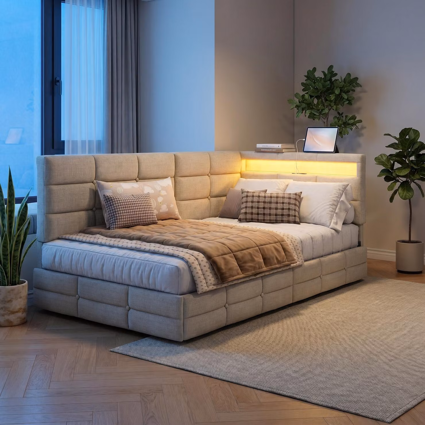 Letto imbottito per bambini INONEFT, 90x200 cm, con LED e USB, divano letto multifunzione con rete a doghe/vano contenitore, letto contenitore con 2 cassetti, colore: lino, beige