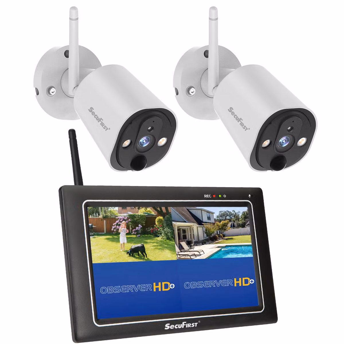 Telecamera di sorveglianza da esterno SecuFirst 2K con monitor interno, schermo sensore da 7" NVR + baby monitor di sorveglianza con telecamera da esterno 2X funzionante senza WLAN