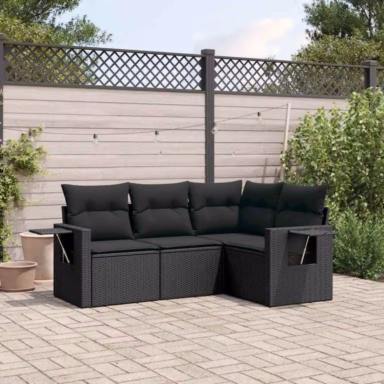 Set di Divani da Giardino vidaXL 4 Pezzi a Forma di L con Cuscini e Tavolino Nero in Polyrattan e Acciaio