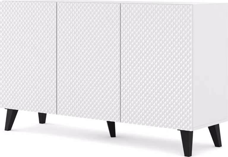 Cassettiera RAVENNA C 150 cm 3D WHITE MATT / WHITE GLANZ con piedini neri Madia fresata a diamante USA MDF 3 ante credenza alta armadietto scaffali aperti buffet con frontali fresati a diamante