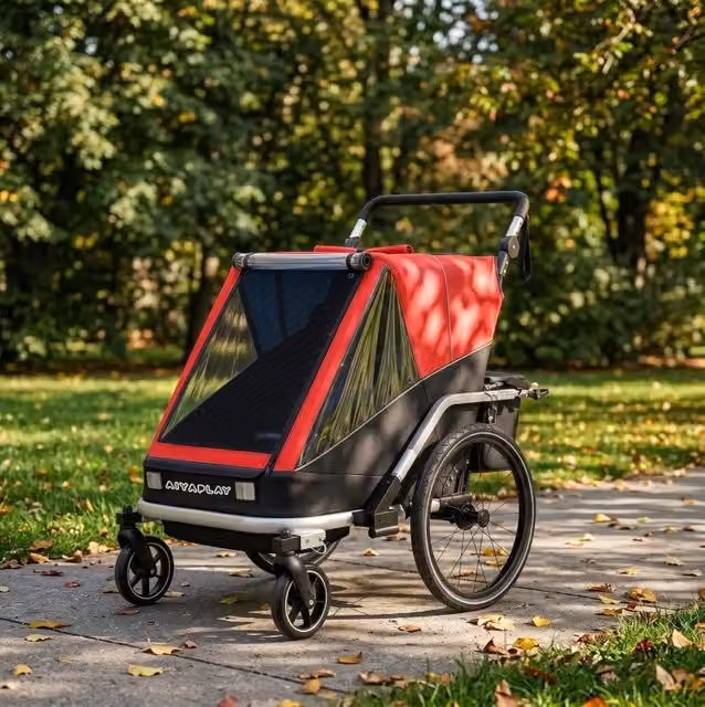 Rimorchio per biciclette per 2 bambini trasformabile in passeggino rosso con ruote piroettanti e struttura in alluminio – 1
