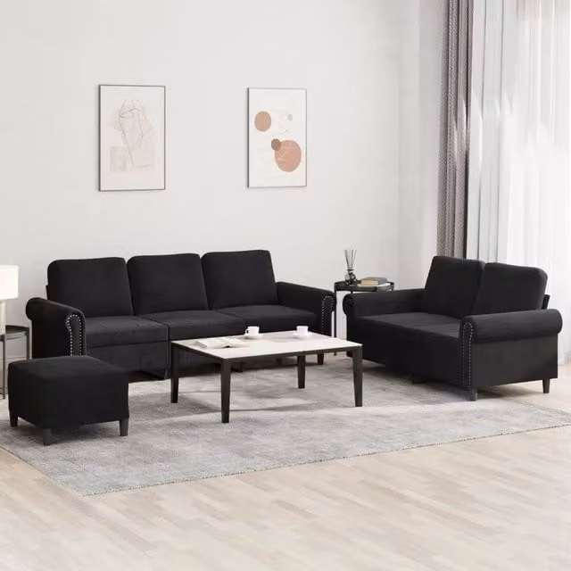 Set di divani moderno vidaXL in velluto nero composto da divano a 3 posti, divano a 2 posti e pouf con cuscini inclusi