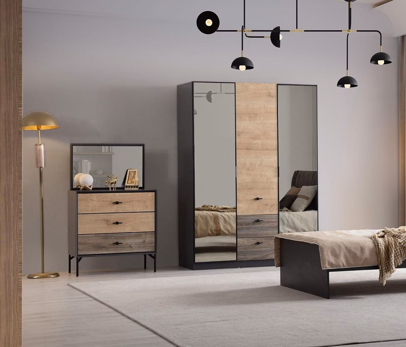 Stilvolles Braunes Möbelset Designer Holzschrank Edler Schminktisch