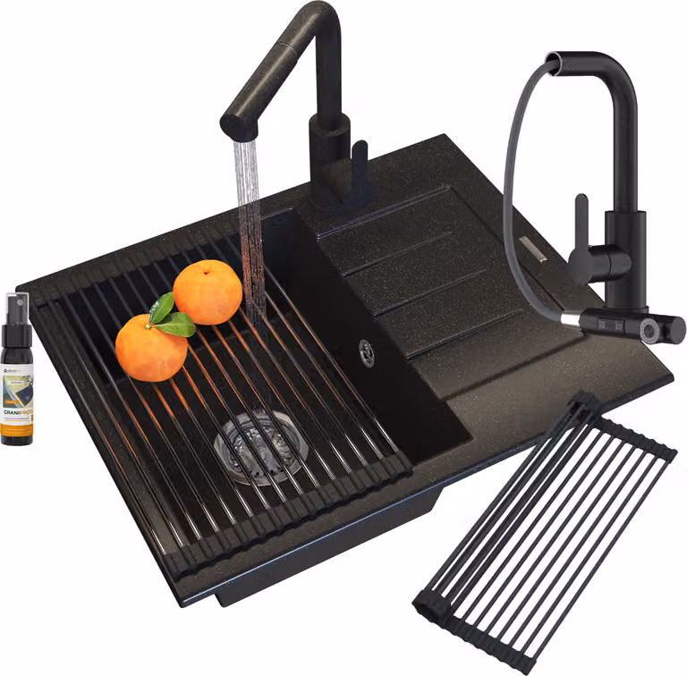 Granitan - Lavello in granito - Lavello da cucina - 57x46 cm - Nero - con rubinetteria EBRO e scolapiatti - MILANO