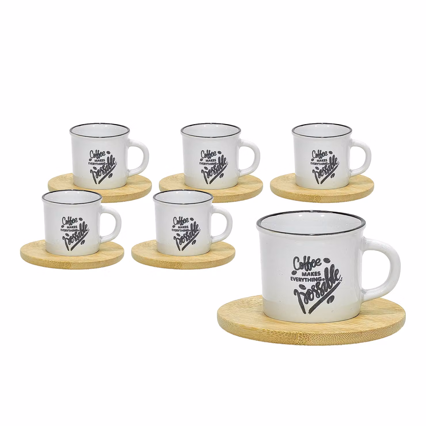 Servizio da caffè GUSTO CASA Makes Everything Possible in stoneware bianco con 6 tazzine e piattini in bamboo