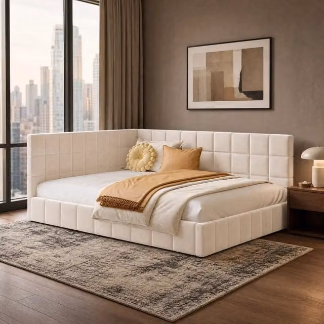 Letto da giorno ULEVR 140x200 cm trasformabile in divano, con rete a doghe e schienale reversibile, beige