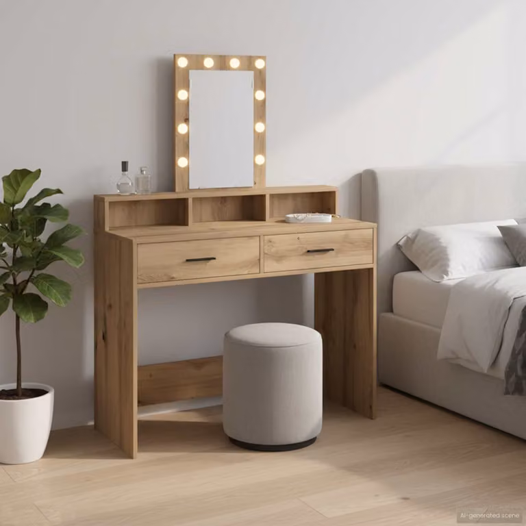 vidaXL Tavolo da Trucco Moderno Marrone con LED Hollywood in MDF e Legno L: 100 cm, P: 41 cm, H: 140 cm