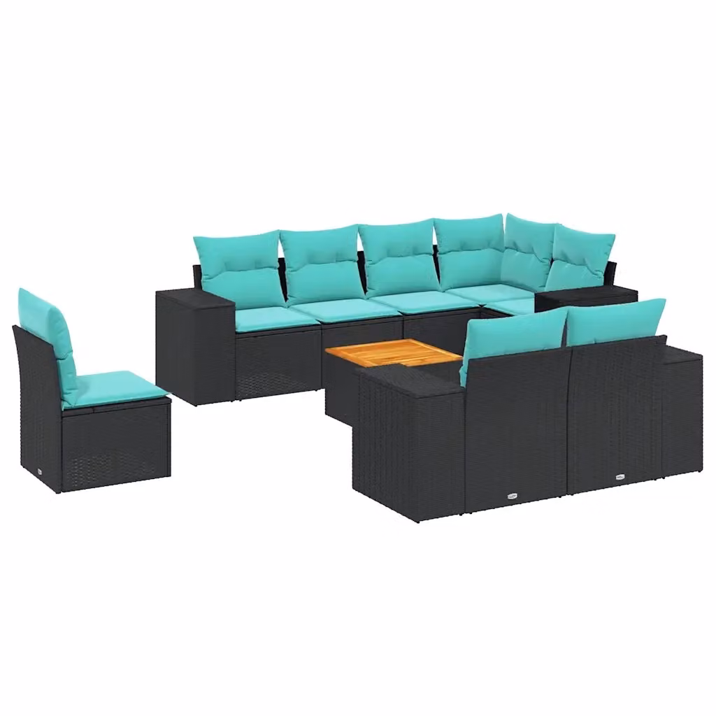 Set di Divani da Giardino vidaXL a Forma di U in Polyrattan Nero con Cuscini Blu e Tavolino da Esterno – 2