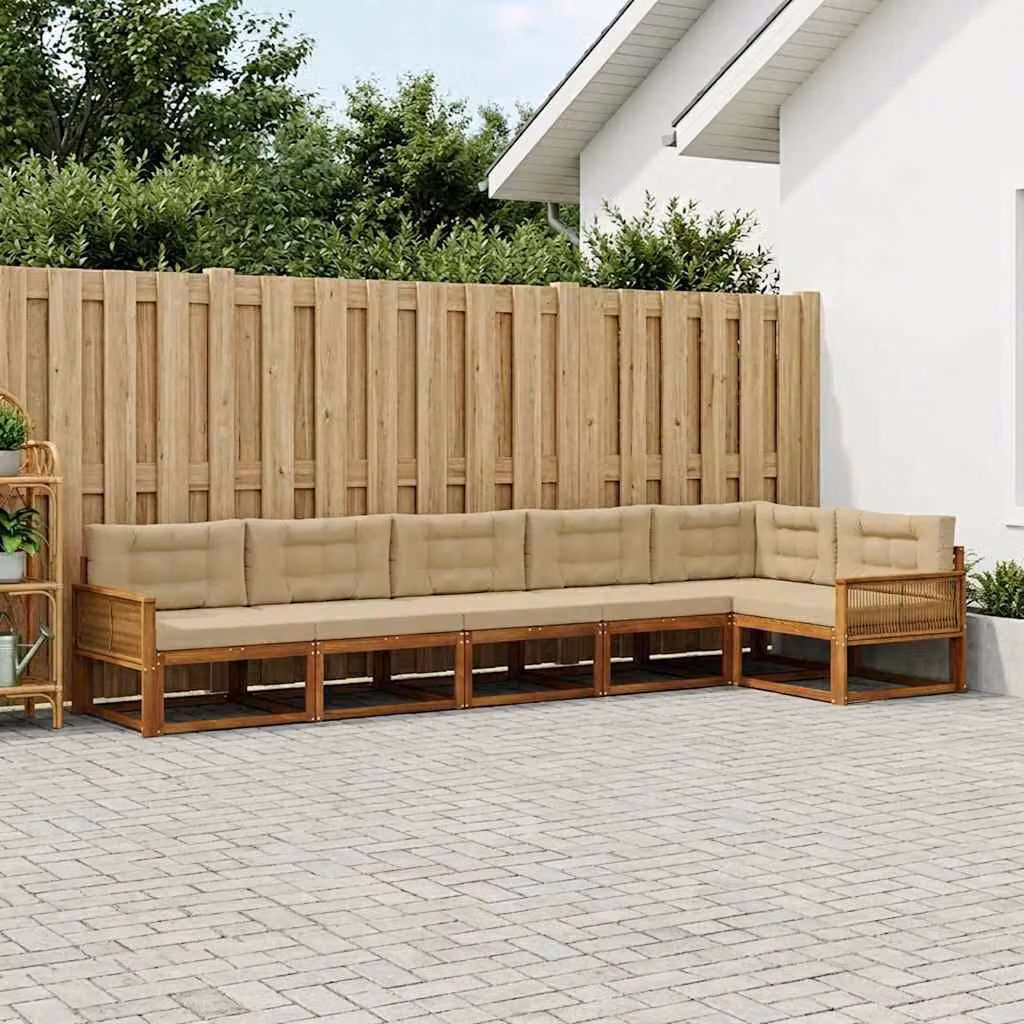vidaXL Set di divani da esterno a L in legno di acacia con cuscini, 6 pezzi, Beige e Marrone