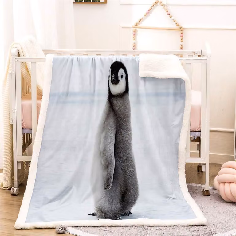 Coperta in pile sherpa con motivo a pinguino, adatta sia per bambini che per adulti
