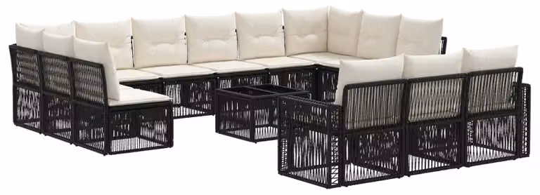Set Divano da Giardino 14 pcs Nero e Bianco Crema polyrattan