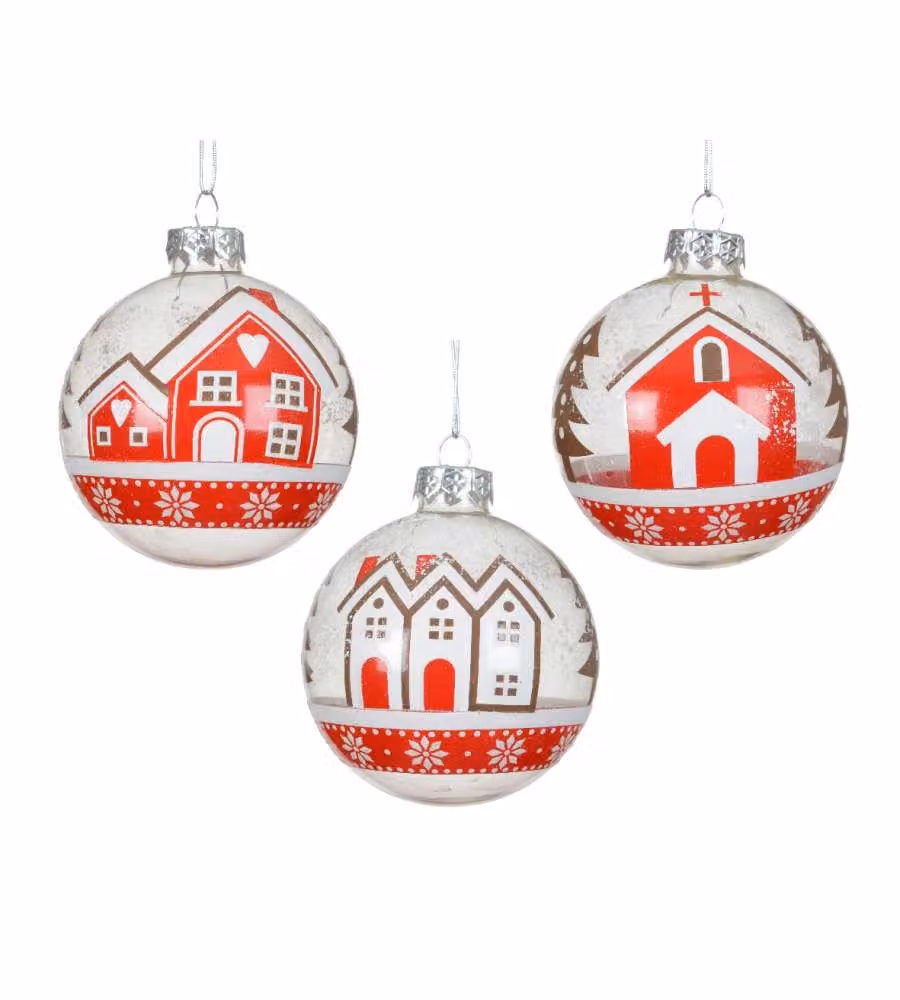 Decoris Sfera di Natale in Vetro Trasparente con Decoro Casetta - 8 cm