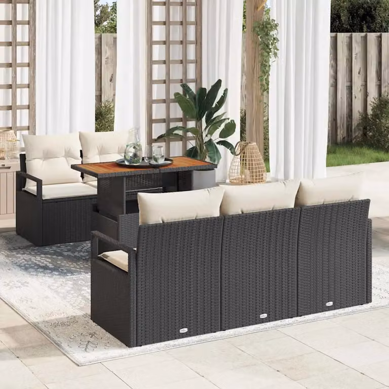 Set Divano da Giardino vidaXL a forma a U composto da 6 pezzi con tavolino e cuscini, Nero e Beige