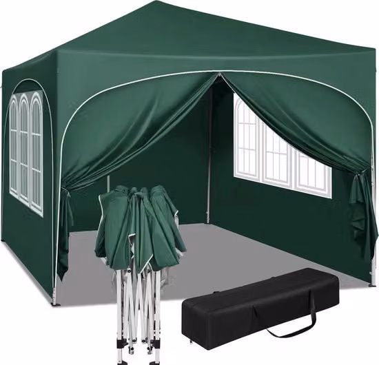 Tenda da Festa 3x3m - Tenda da Festa Opvoluta - Tenda da Festa Acquaparata - Protezione UV - Altezza Regolabile - Colore Verde