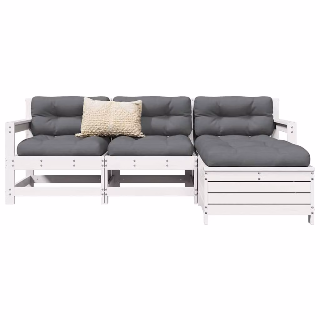 Set Salotto da Giardino vidaXL in Legno di Pino Bianco con Cuscini, Composizione a L con Divano a 3 Posti, Divano a 2 Posti, Elemento Angolare e Pouf