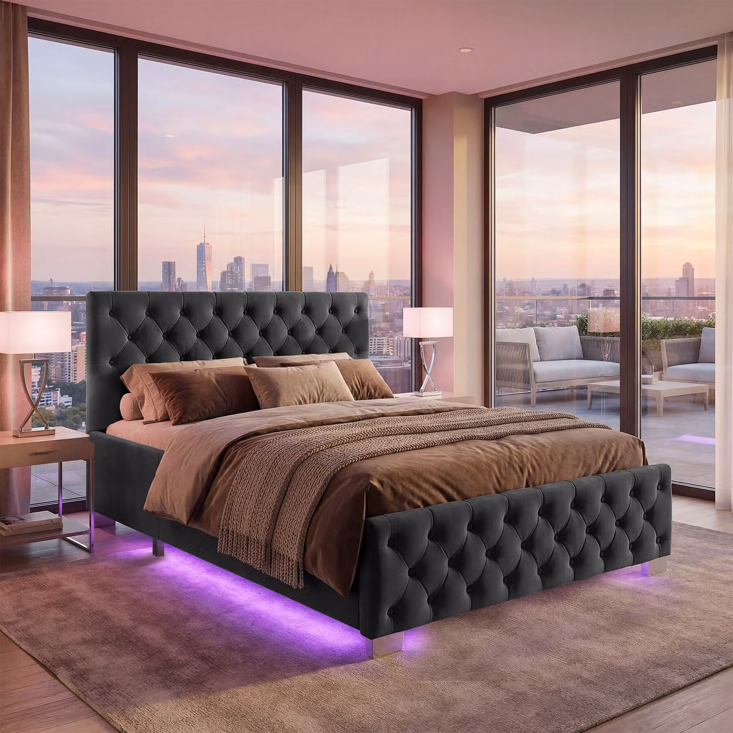 Letto imbottito modello Chesterfield tectake con contenitore a sollevamento, illuminazione LED sottostante e rivestimento in velluto nero, L/P/H: 140 x 200 x 148 cm – 3