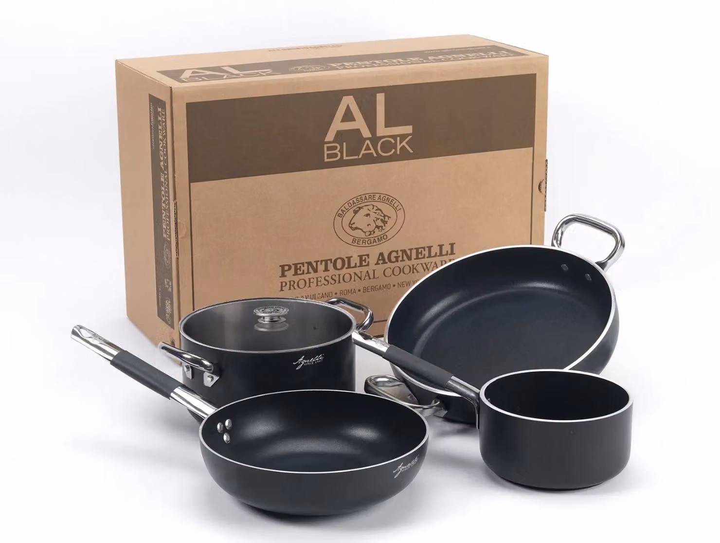 Batteria Pentole per 3-4 persone in alluminio antiaderente per Induzione Al-Black, 5 pezzi