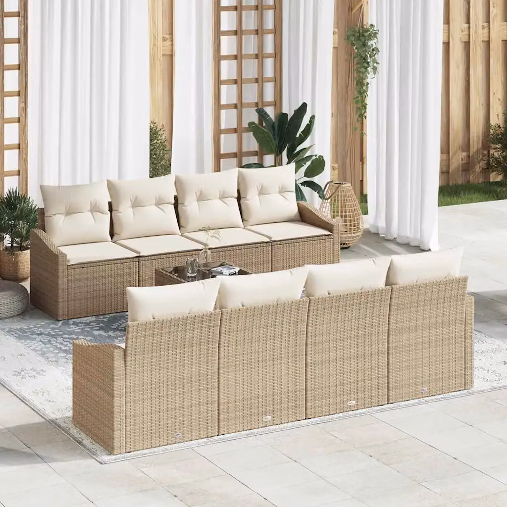 Set di divani da giardino vidaXL a forma di U in rattan con cuscini beige e bianco e tavolino da esterno in vetro