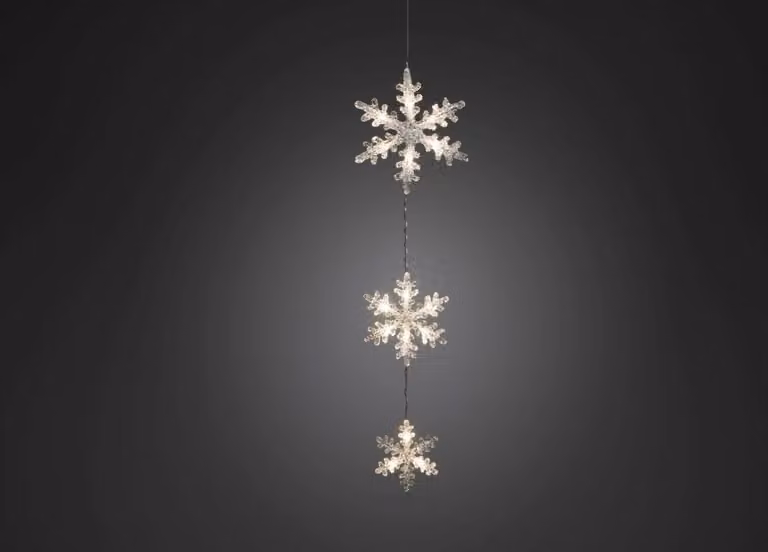 Barriera luminosa a LED, 3 fiocchi di neve in acrilico, timer 6 ore, 15 diodi bianco caldo, a batteria, per esterni (IP44), cavo trasparente, 4 x AA 1,5V (escl.)
