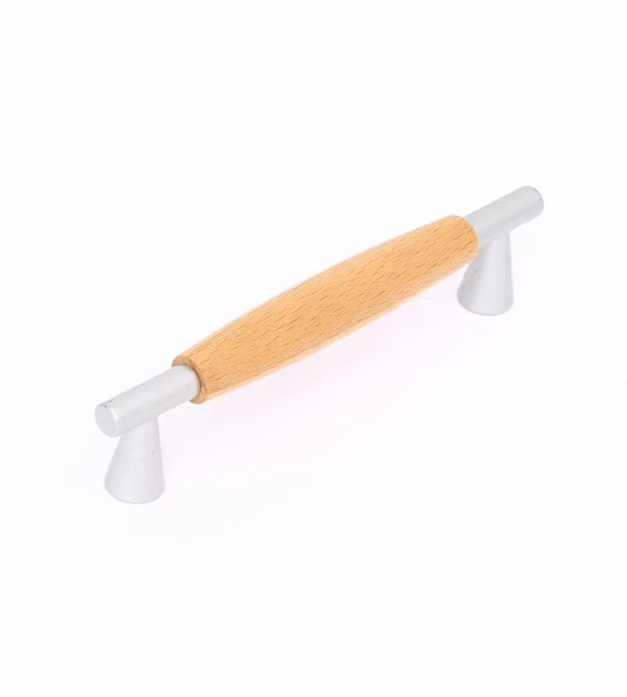 Maniglia in legno frassino con inserti in metallo cromato 96 mm