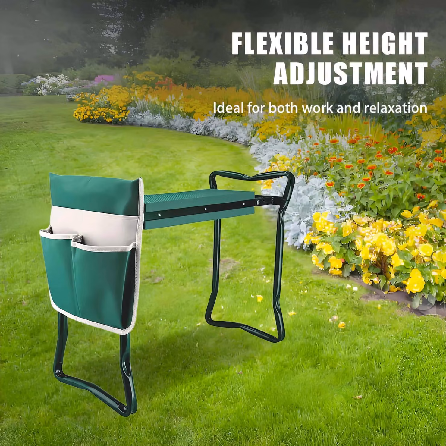 Panchina da giardino con poggiagambe e seduta - Panchina da giardino pieghevole - Metallo - Imbottitura spessa - Portata 150 kg - 60×27 cm - Verde