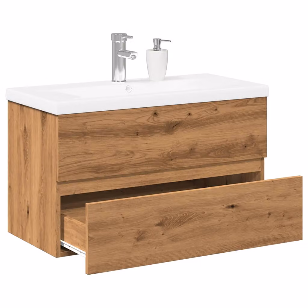 Mobile da bagno con lavabo integrato vidaXL in rovere artigianale, bianco e marrone, sospeso, L: 80 cm, P: 45 cm, H: 38,5 cm