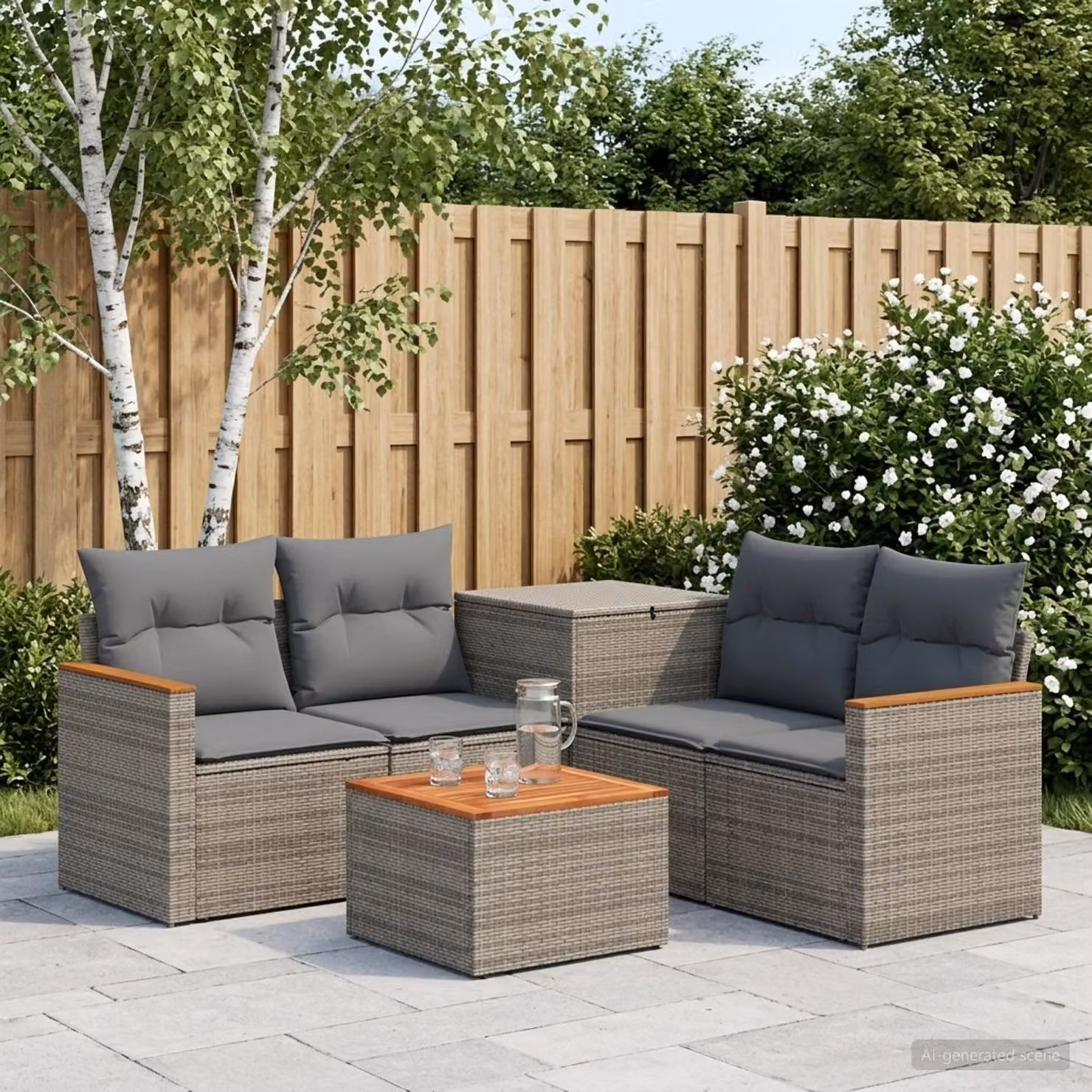 Set di divani da giardino vidaXL in polyrattan con forma a L, colore grigio e antracite, composto da 6 pezzi con tavolino da caffè e pouf incluso