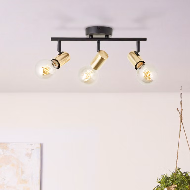 BRILLANTE barra spot nera KERRY | plafoniera moderna con accenti dorati e con attacco E27 max. 40W | metallo