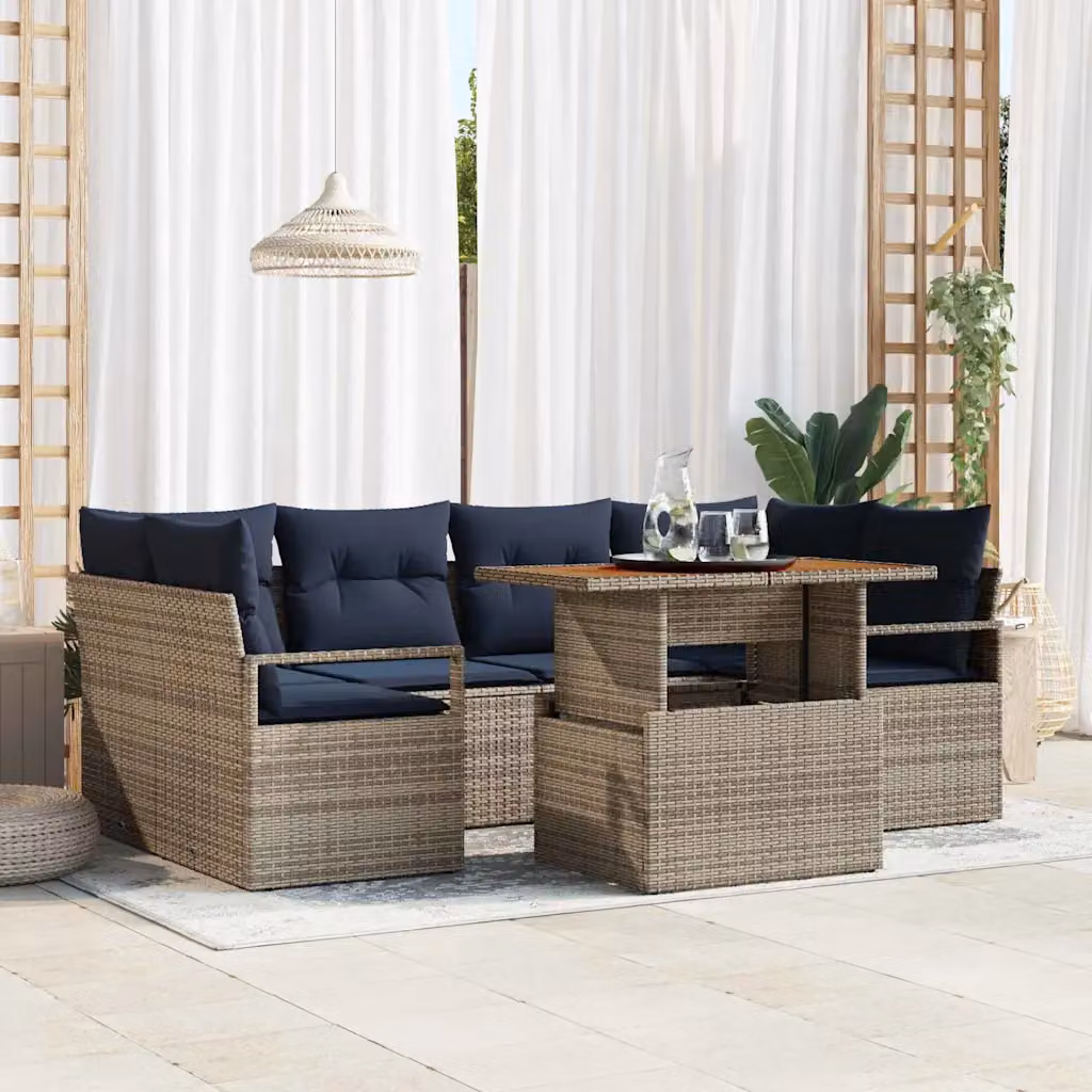 Set Divano da Giardino vidaXL 7 Pezzi a Forma di U con Tavolino, Colore Grigio e Blu Navy