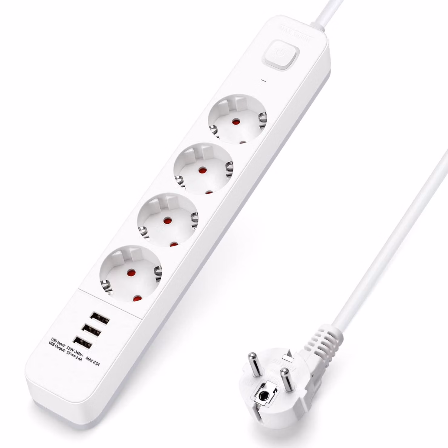 Ciabatta multipresa Aigostar con 4 prese e interruttore, dotata di 3 porte USB (5V/2.4A), cavo di alimentazione da 3 metri. Dimensioni: 4 prese, 3 USB, cavo da 3 metri