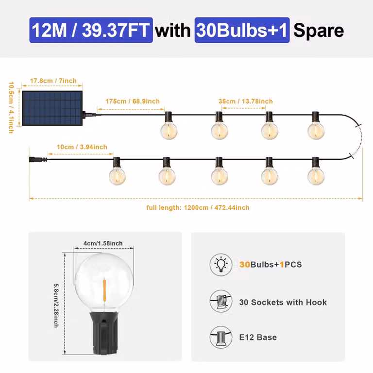Catena luminosa solare per esterni, con lampadine G40, lunghezza 12 metri, 31 luci, telecomando, dimmerabile, grado di protezione IP65 (resistente all'acqua), 8 modalità di illuminazione