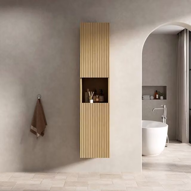 Mobile da bagno a colonna in compensato con 2 ante e ripiano regolabile; rovere dorato