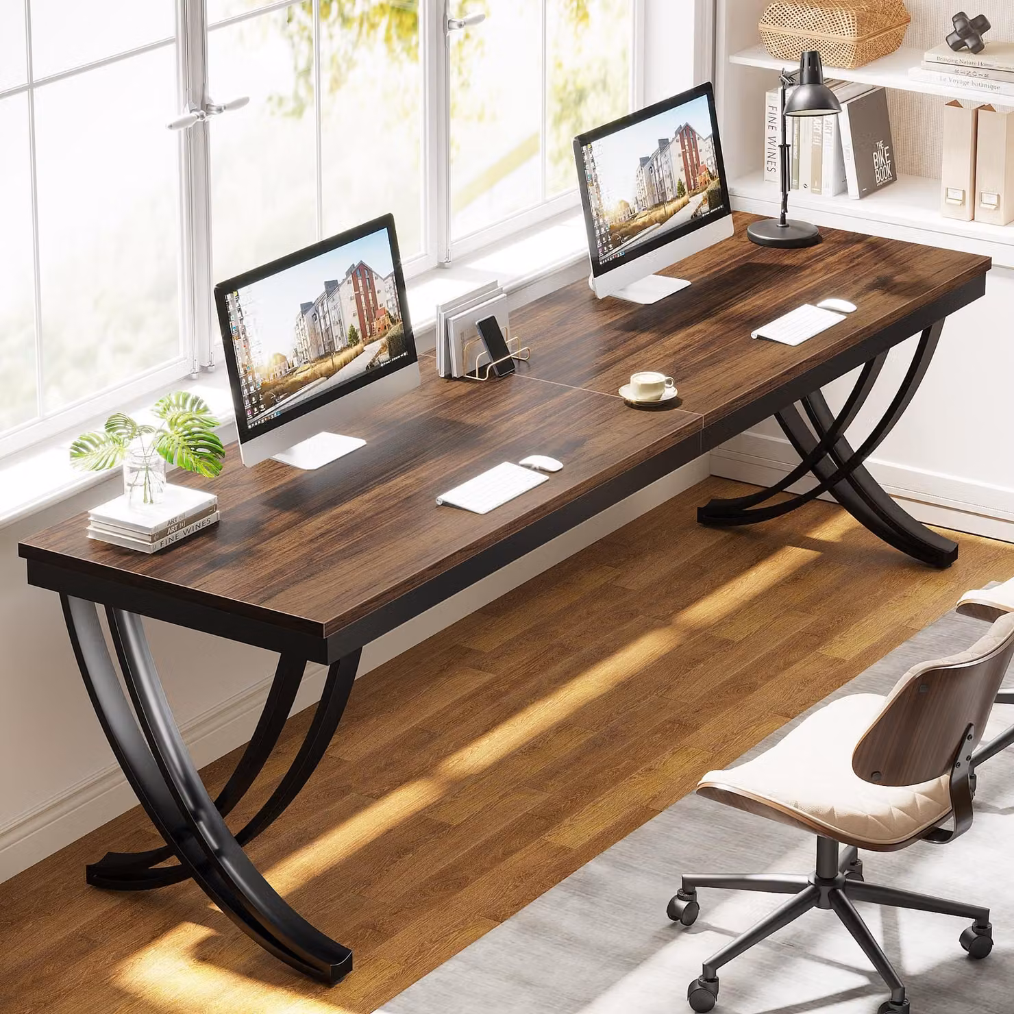 Scrivania a due posti - Marrone - Lunghezza 200 cm - Legno - Struttura in metallo