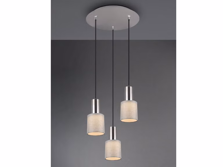 lampada a sospensione a 3 fiamme con paralume in tessuto rotondo grigio illuminazione ottimale tavolo da pranzo