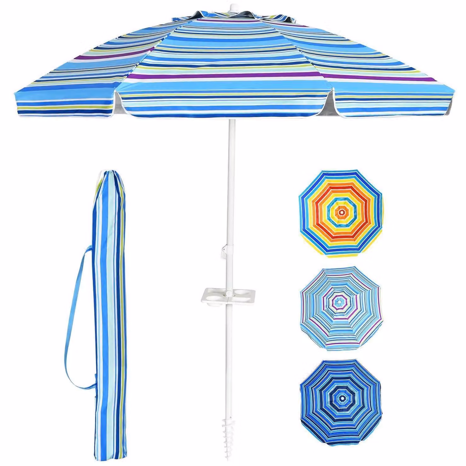 Ombrellone da spiaggia, diametro 220 cm, azzurro chiaro, inclinazione regolabile a 30°, con portabicchieri e copertura protettiva