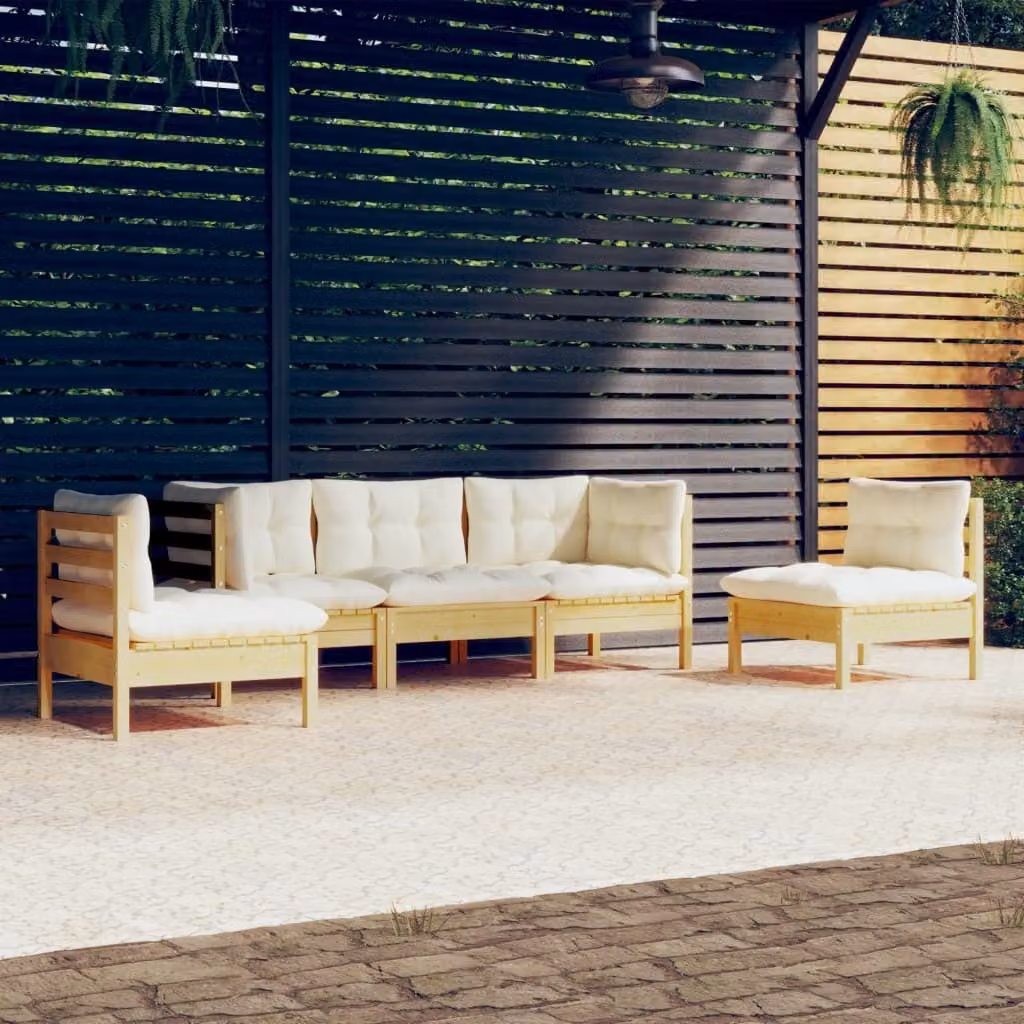 The Living Store Set da salotto da giardino 5 pezzi con cuscini crema in legno di pino massiccio