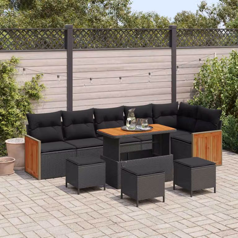 Set Divano da Giardino vidaXL 10 Pezzi con Cuscini Nero in Acciaio Verniciato a Polvere
