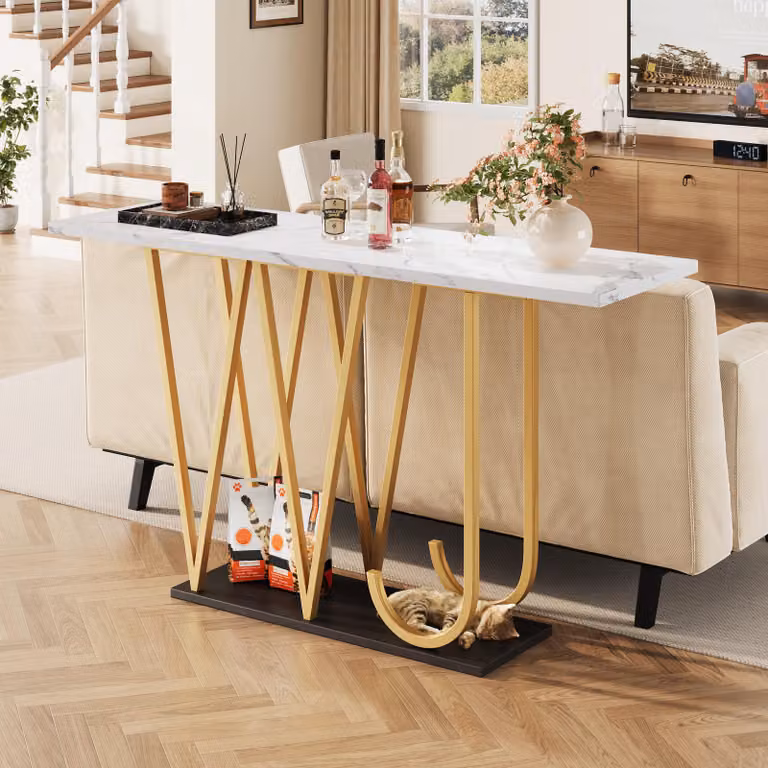 MODFU tavolo da cucina tavolo da pranzo in legno, tavolo da cucina tavolo da sala con gambe in metallo color oro, tavolo da sala con piastra di base nera, in look marmo, bianco