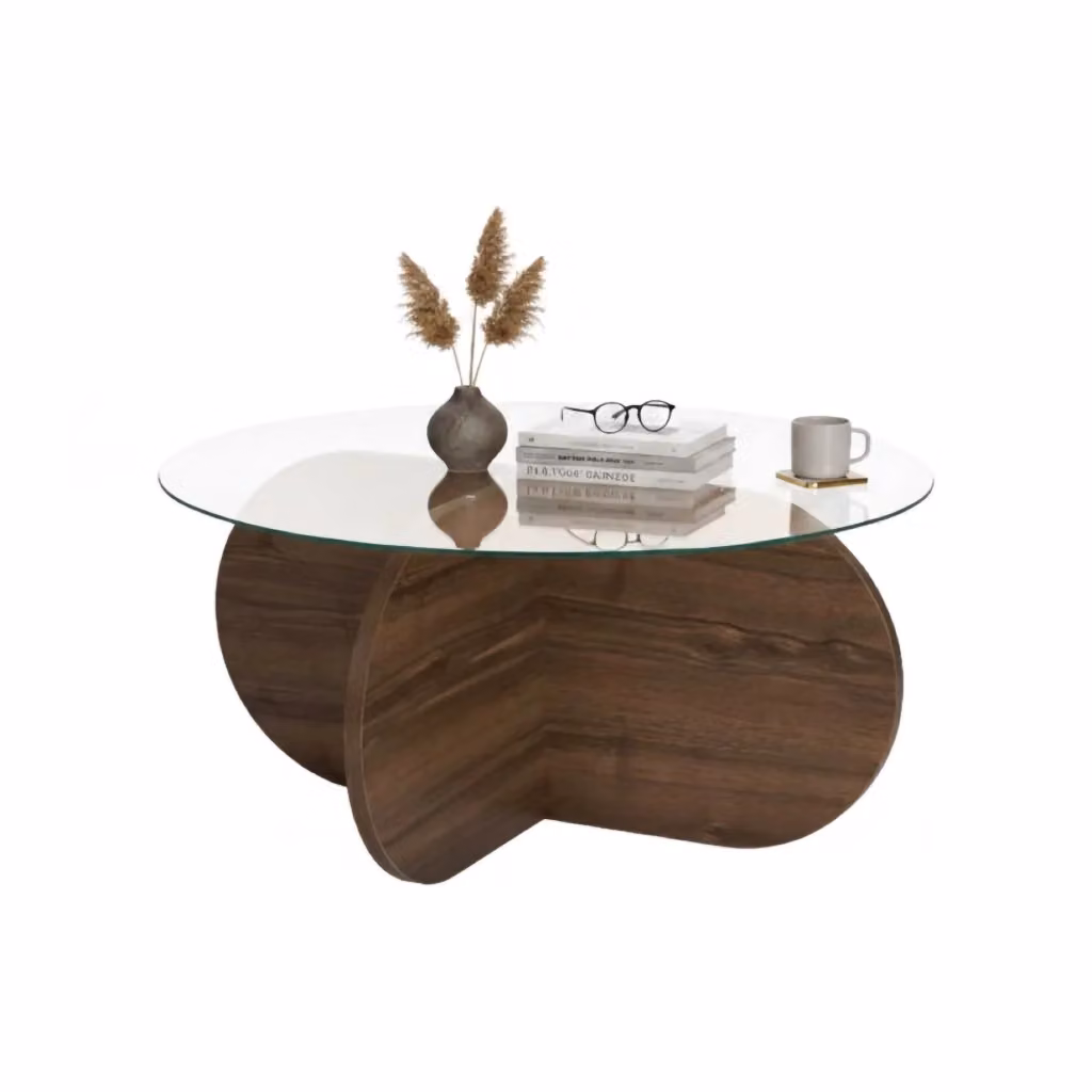 Tavolino da salotto rotondo DMORA con piano in vetro trasparente e struttura marrone, L: 75 cm, P: 75 cm, H: 35 cm – 2