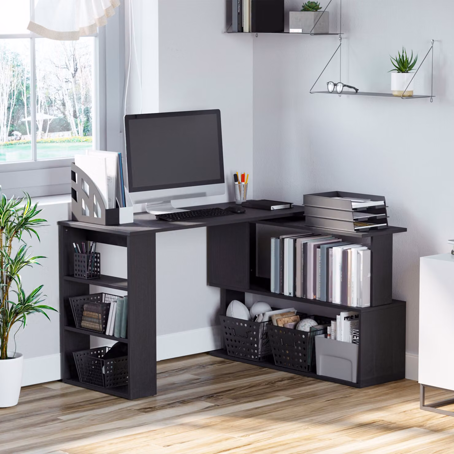 Scrivania Angolare HOMCOM con Piano Girevole a 360 e 5 Ripiani, Nero, L: 120 cm, P: 110 cm, H: 74.5 cm
